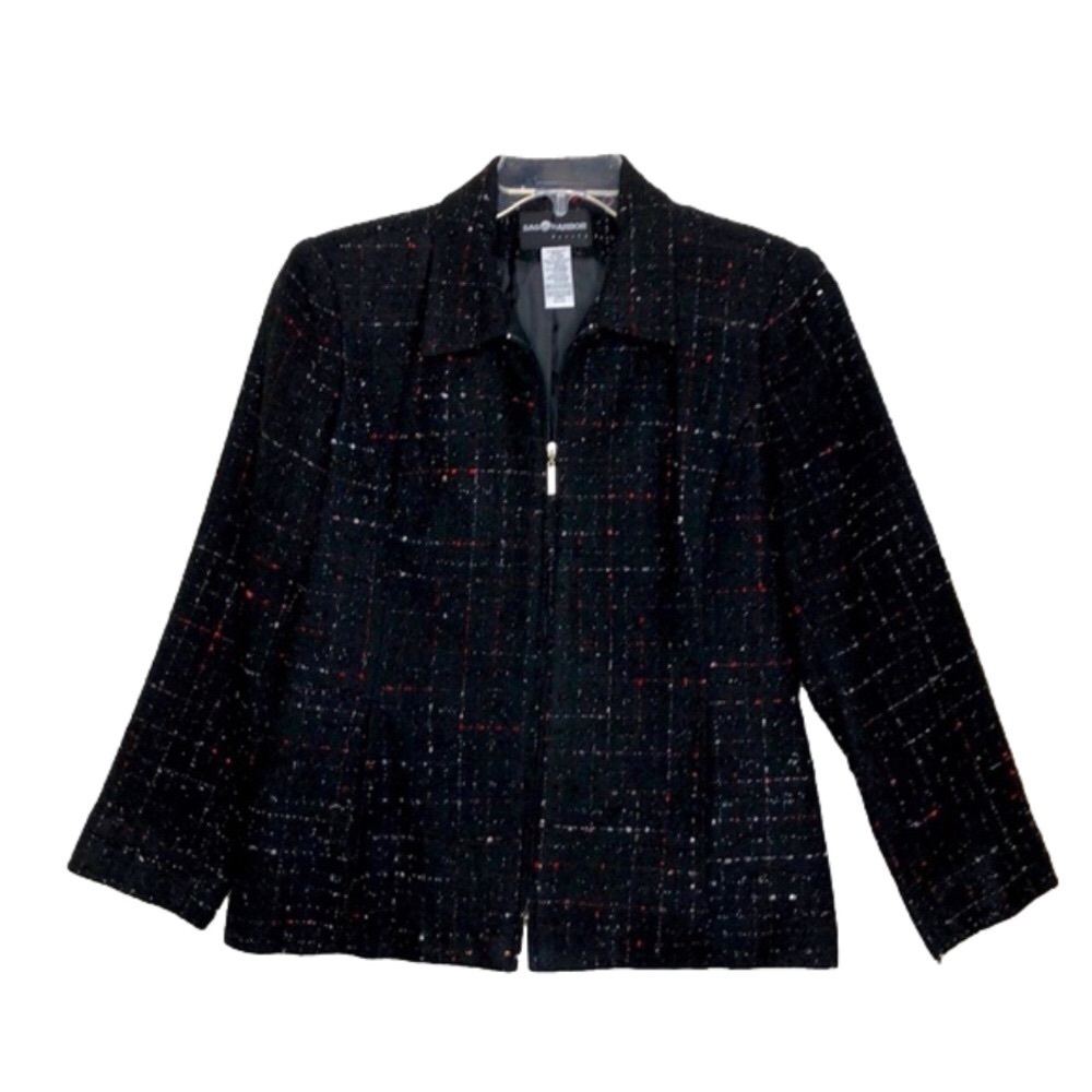 New - SAG HARBOR Black, Red, White Tweed Zip Front Blazer w/ Pockets - Size 12P